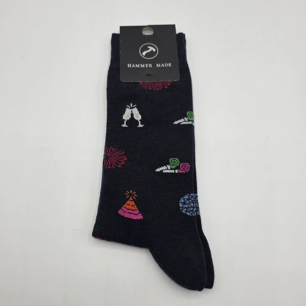 Hammer Made Men's Crew Socks Festive Pattern Navy Blue Cotton‎ Blend New